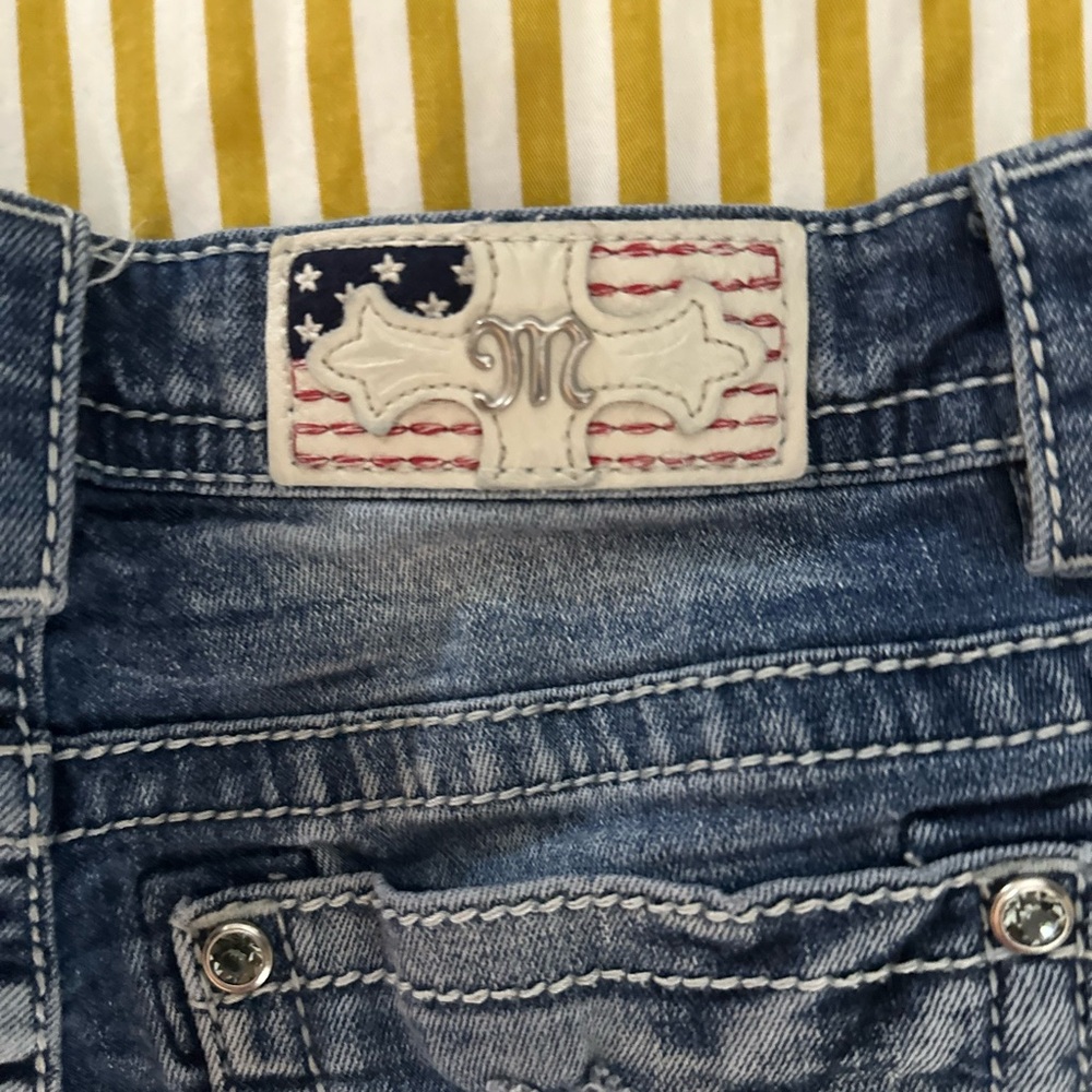 Miss Me  Mid-Rise Stretch “Patriotic” Distressed Blue Jean Shorts - Picture 8 of 11